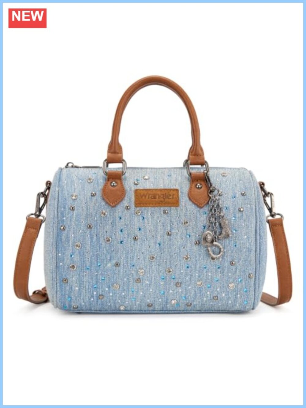 Rhinestone Denim Barrel Bag Crossbody Satchel Top-Handle Adjustable Strap